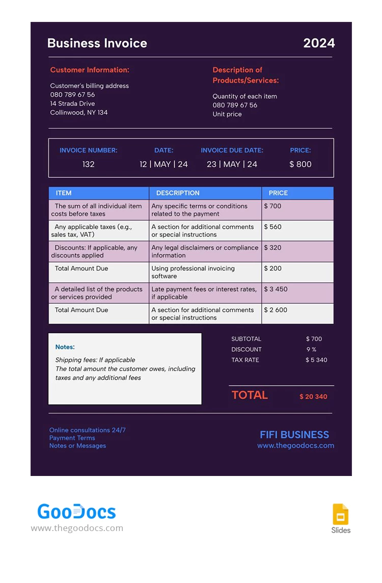 Specified Service Business Invoice - free Google Docs Template - 10067750