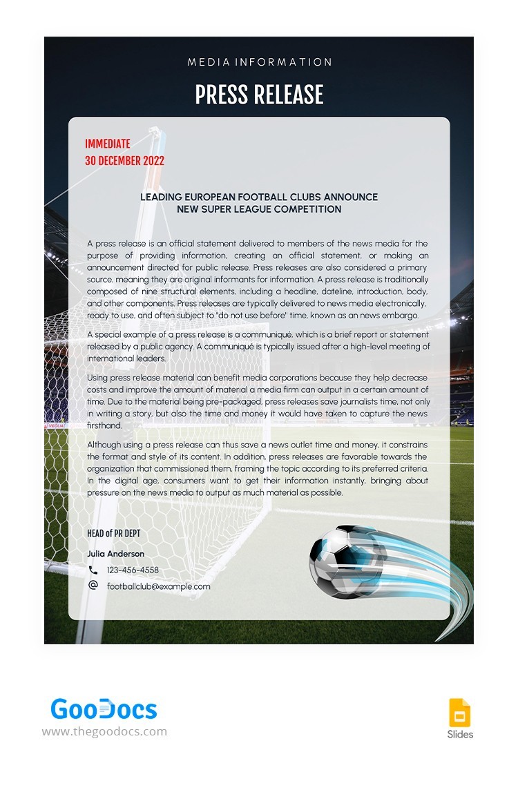 Free Sport Press Release Template In Google Slides