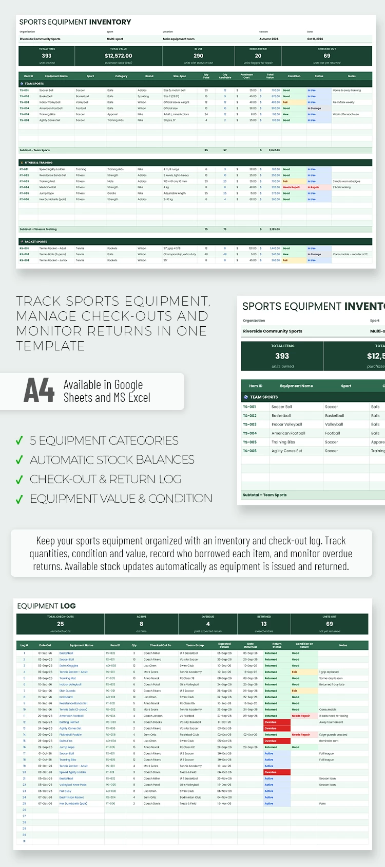 Preview of Sports Equipment Inventory Template for Google Sheets and Microsoft Excel