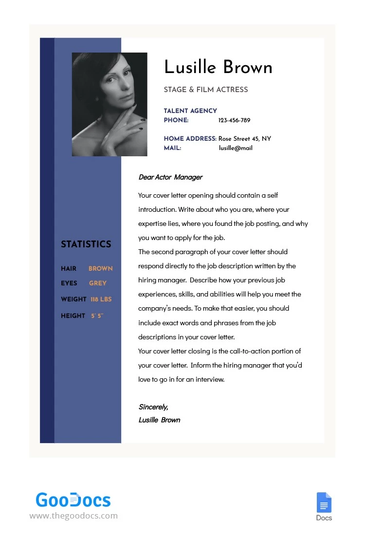 Stage & Film Actress Cover Letter - free Google Docs Template - 10062455
