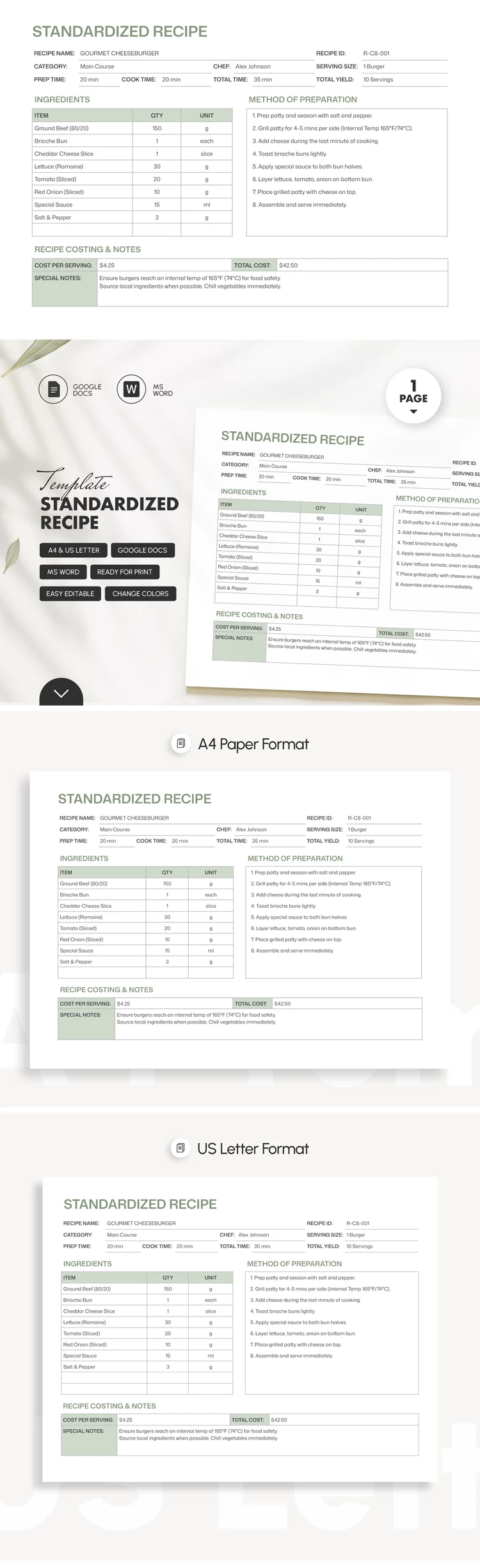 Preview of Standardized Recipe Template for Google Docs and Microsoft Word