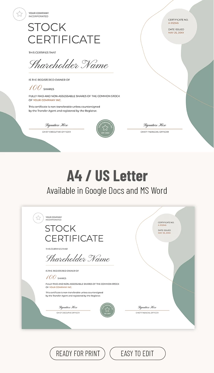 Vista previa de Plantilla de certificado de acciones para Google Docs and Microsoft Word