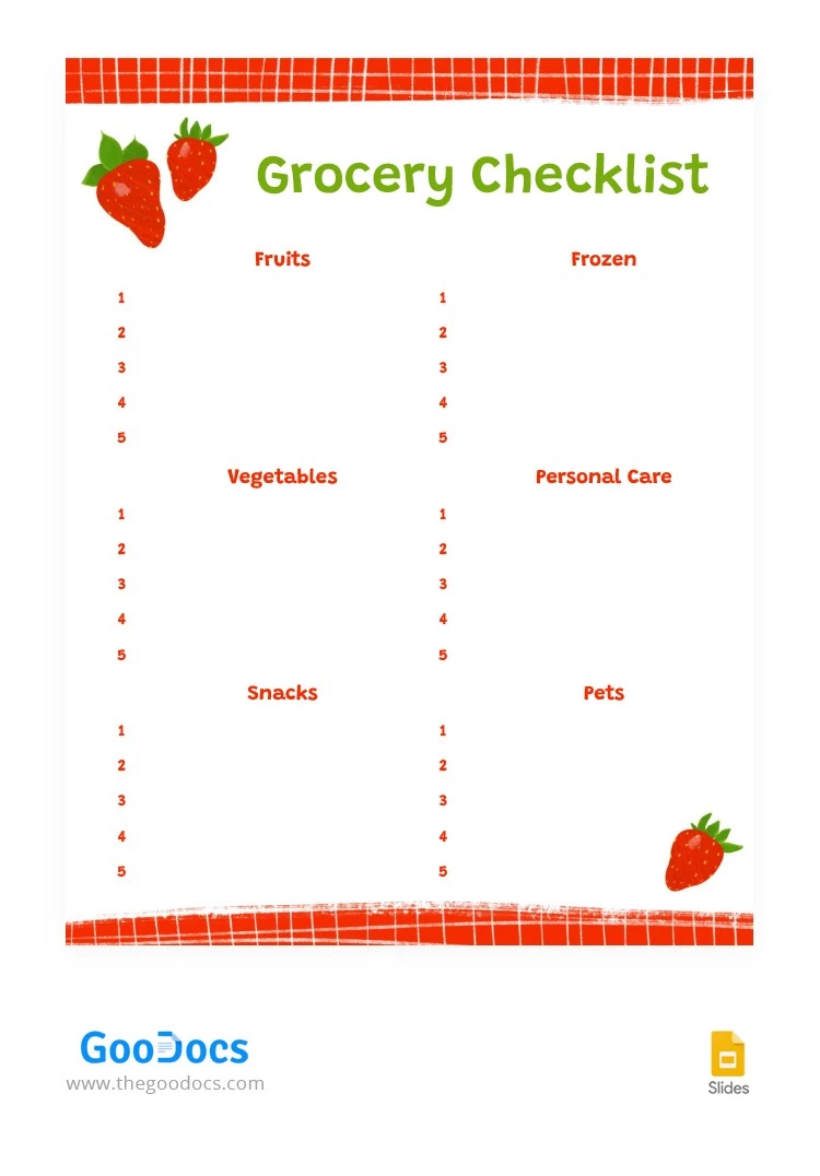 Lista de comestibles con temática de fresas - free Google Docs Template - 10066114