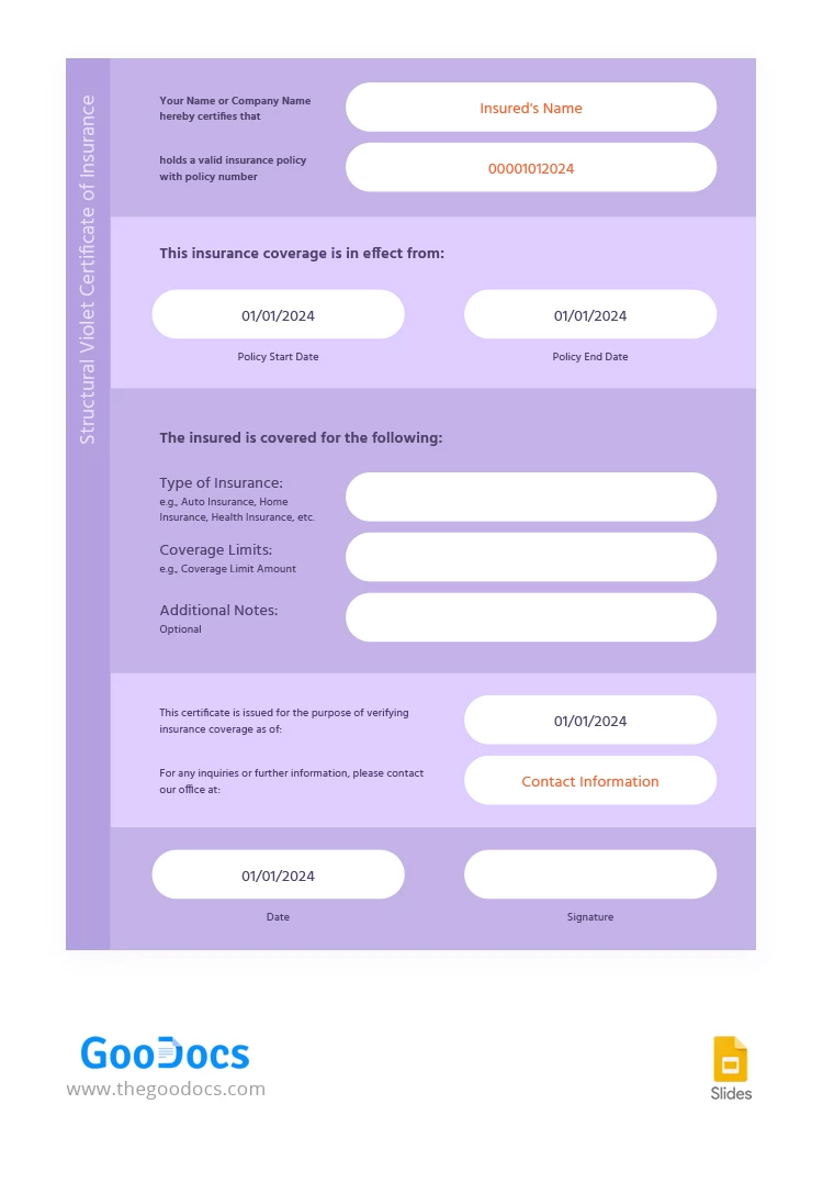 Certificat d'assurance violette structurelle - free Google Docs Template - 10066881