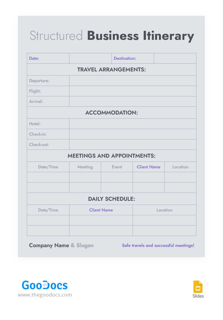 Structured Business Itinerary - free Google Docs Template - 10066288