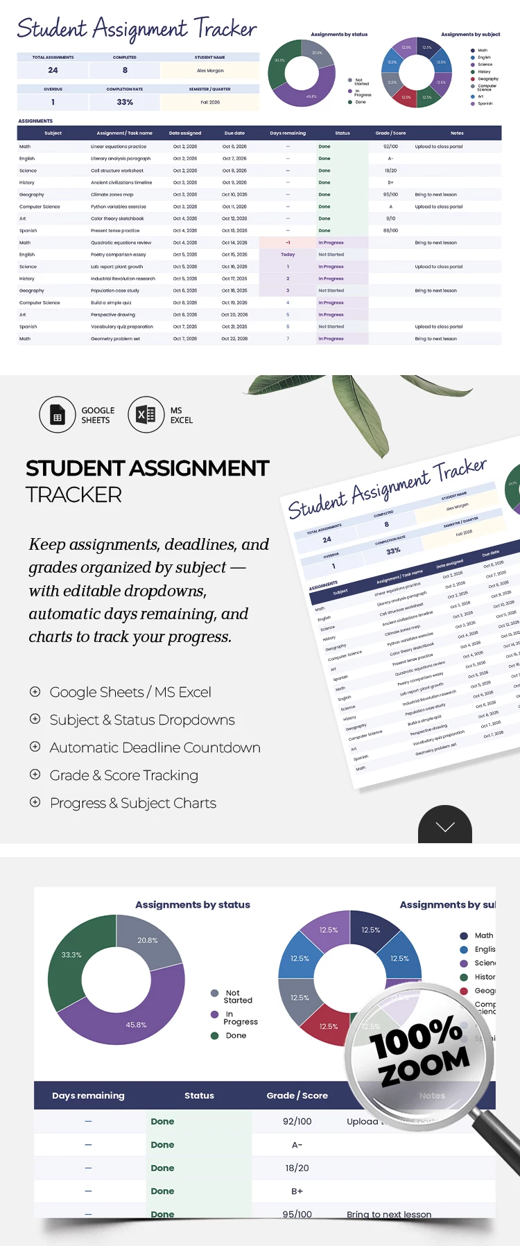 Preview of Student Assignment Tracker Template for Google Sheets and Microsoft Excel