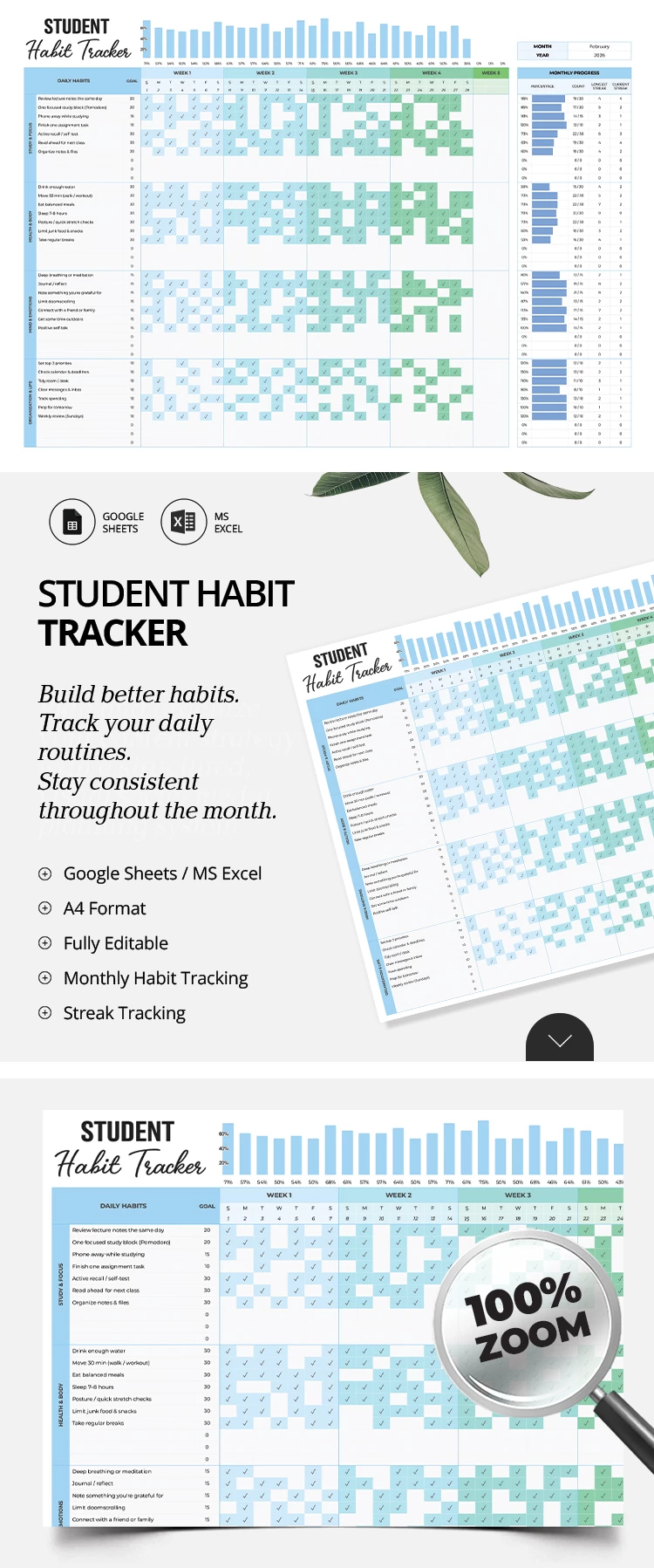 Preview of Student Habit Tracker Template for Google Sheets and Microsoft Excel