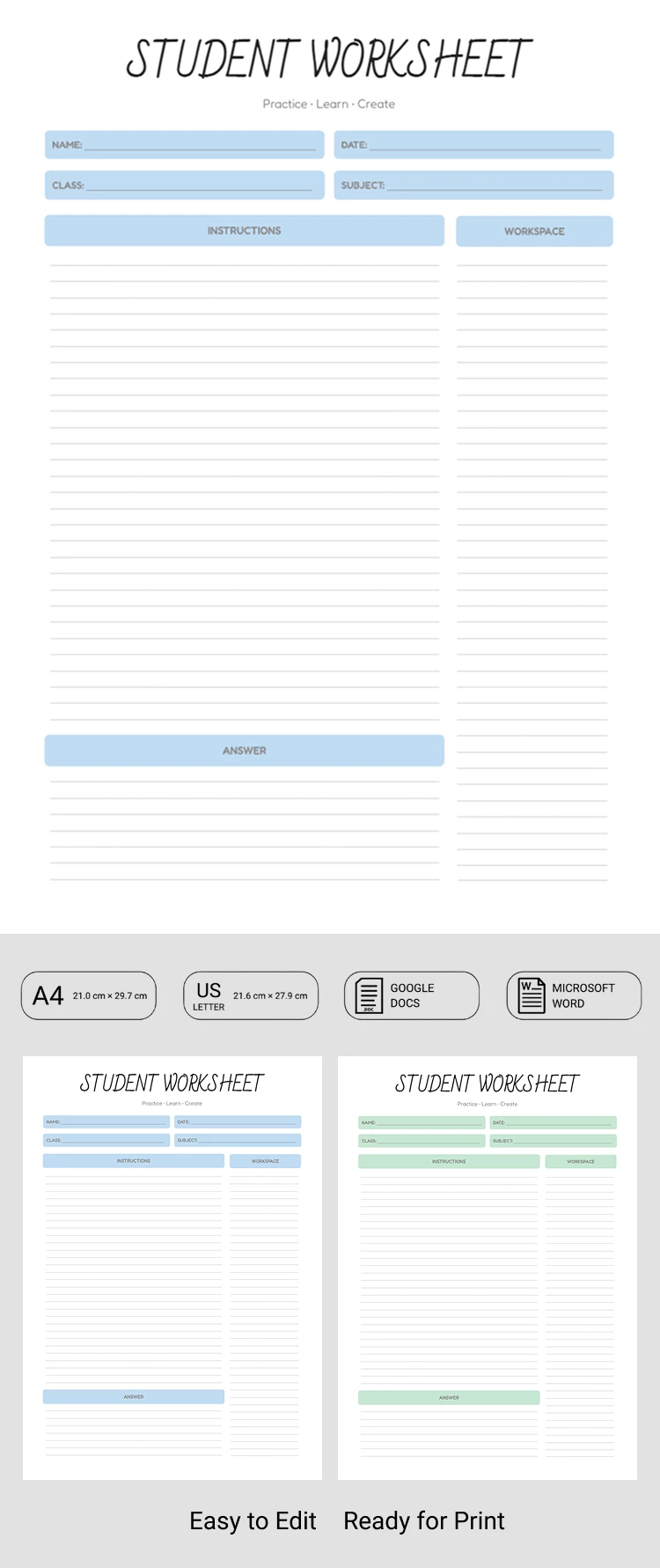 Preview of Student Worksheet Template for Google Docs and Microsoft Word