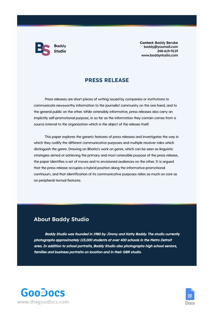 Studio Press Release - free Google Docs Template - 10062889