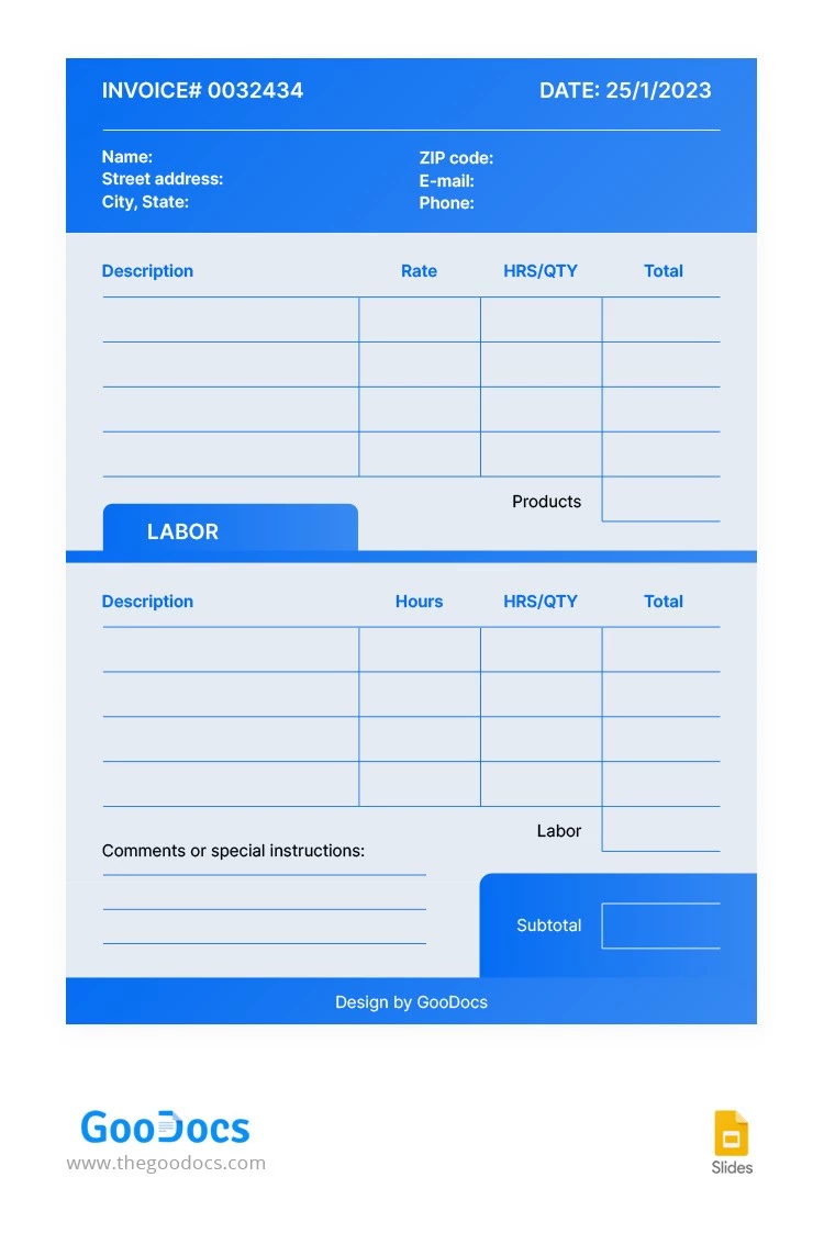 Stilvolle blaue Rechnung Auftragnehmer - free Google Docs Template - 10065246