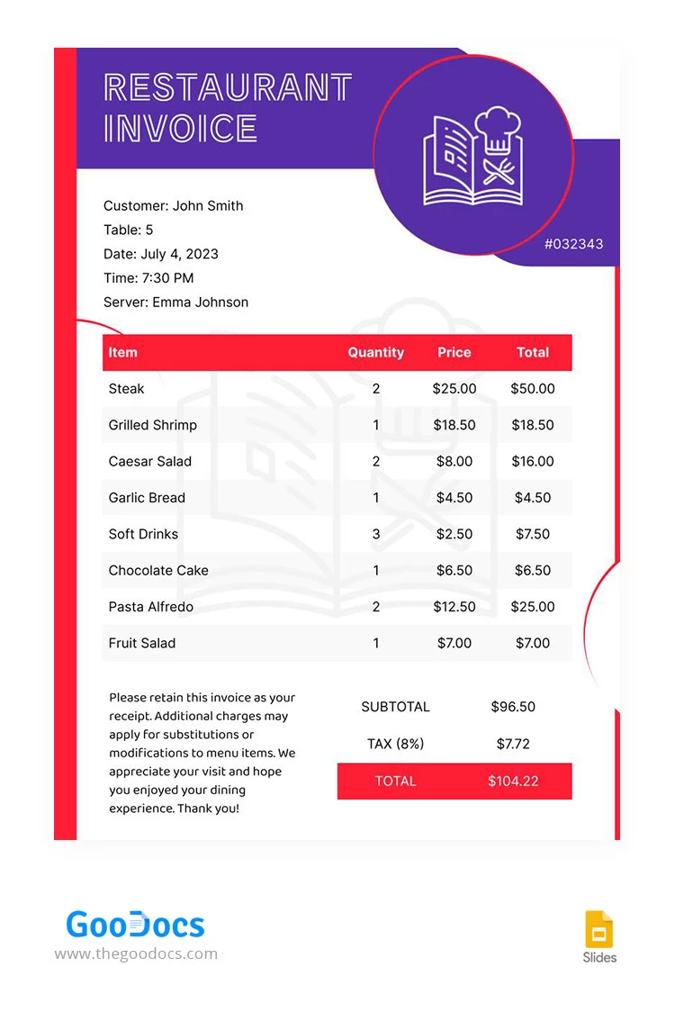 Stylish Bright Restaurant Invoice - free Google Docs Template - 10066364