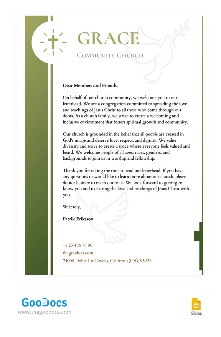 Carta intestata elegante della Chiesa verde - free Google Docs Template - 10065608