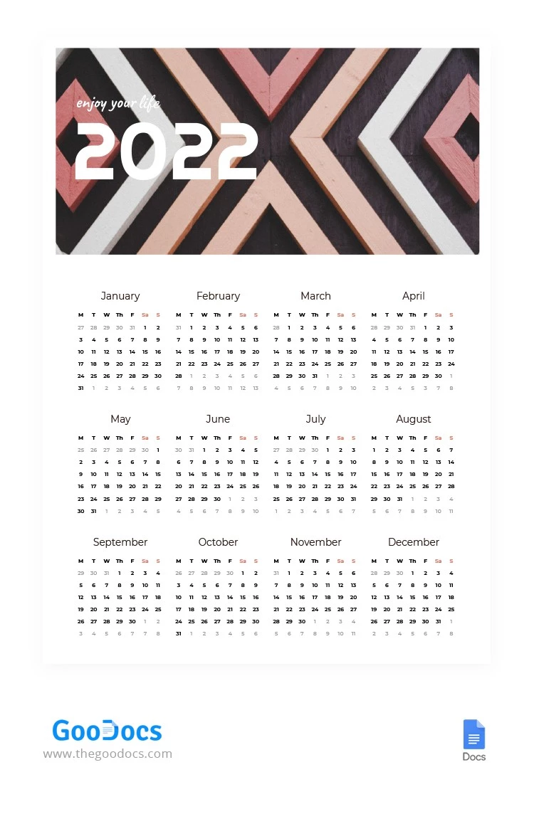 Calendários de pôsteres elegantes 2022 - free Google Docs Template - 10063031