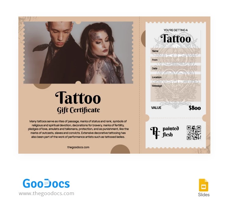 Certificado de Presente de Tatuagem Estiloso - free Google Docs Template - 10064707