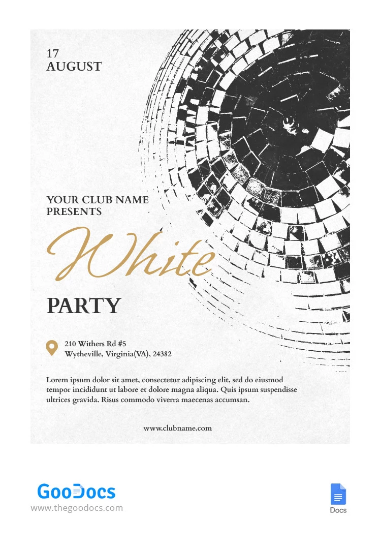 Elegante volantino per una festa in bianco. - free Google Docs Template - 10065597