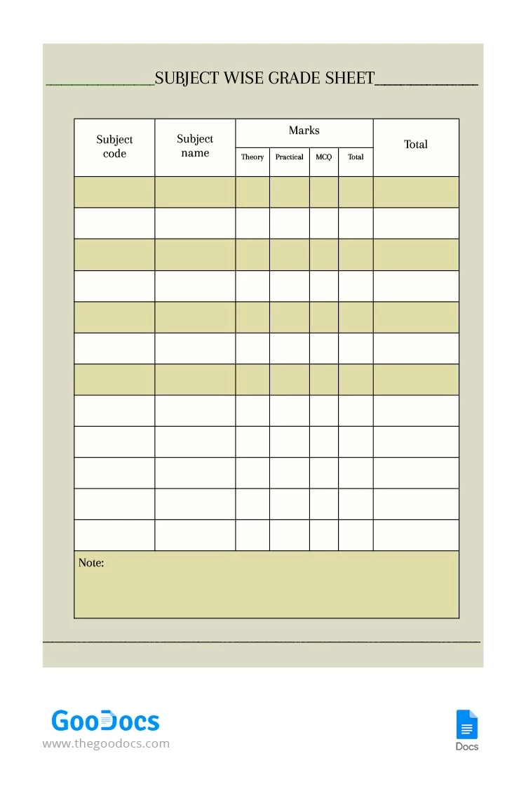 Subject Wise Grade - free Google Docs Template - 10063084