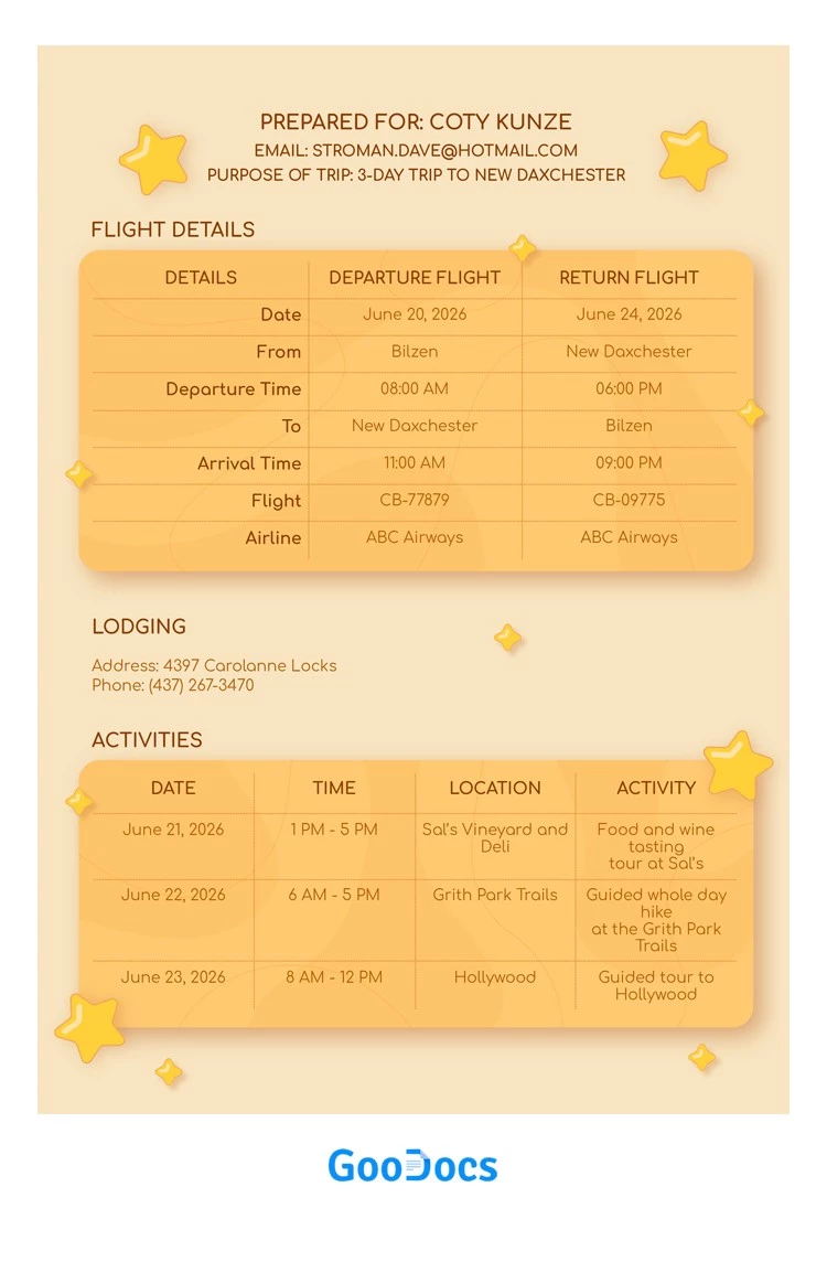 Sunny Itinerary - free Google Docs Template - 10061966