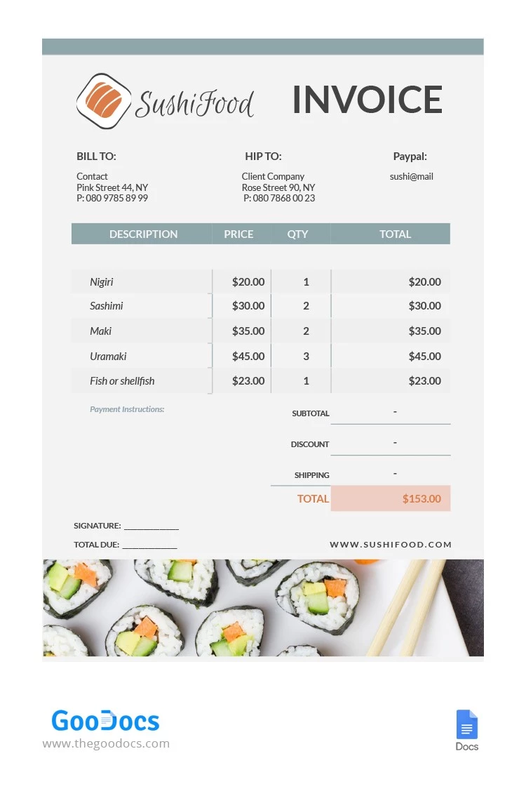 Facture de repas de sushi - free Google Docs Template - 10062119