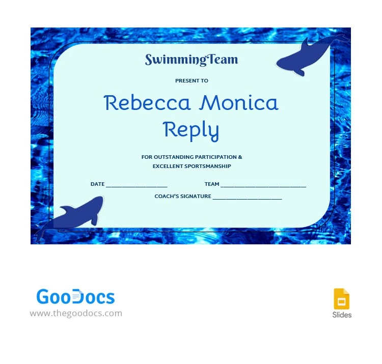 Certificato di nuoto - free Google Docs Template - 10063370