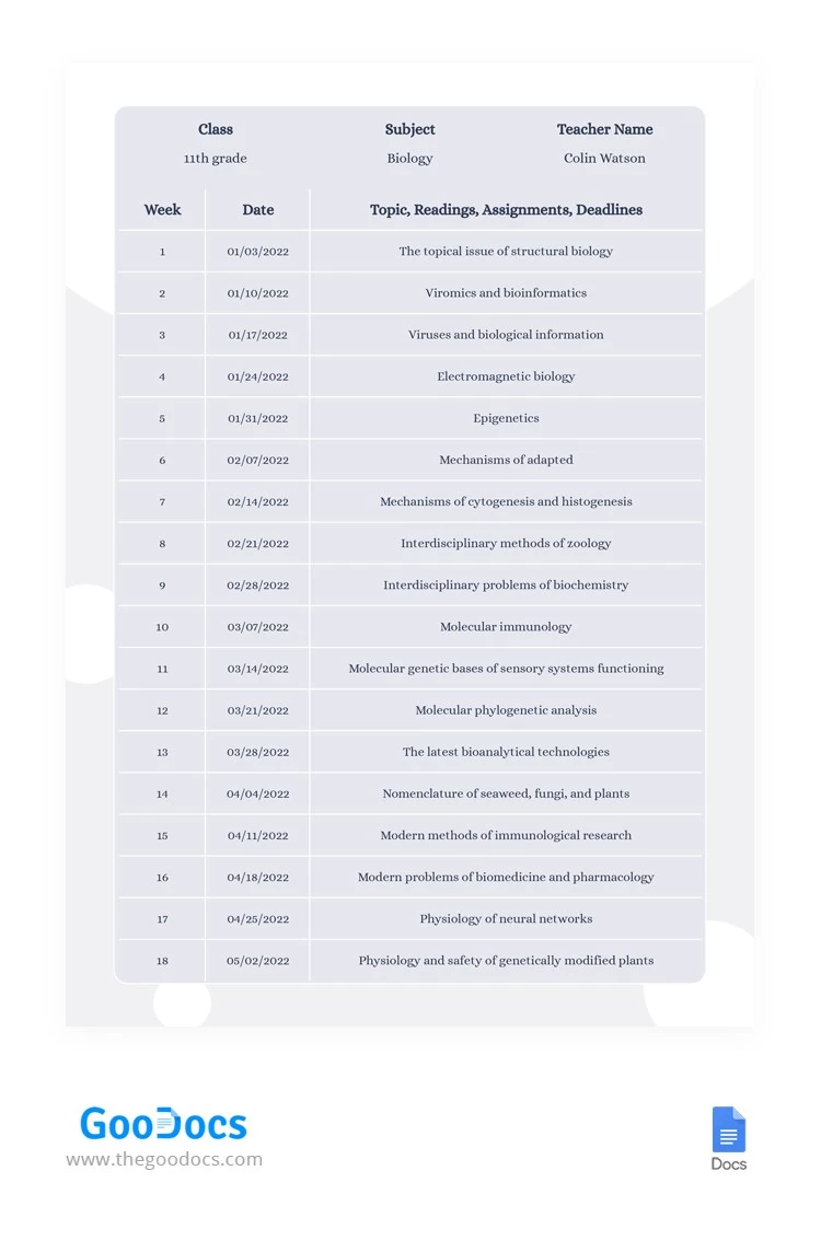 Syllabus Planner - free Google Docs Template - 10062174