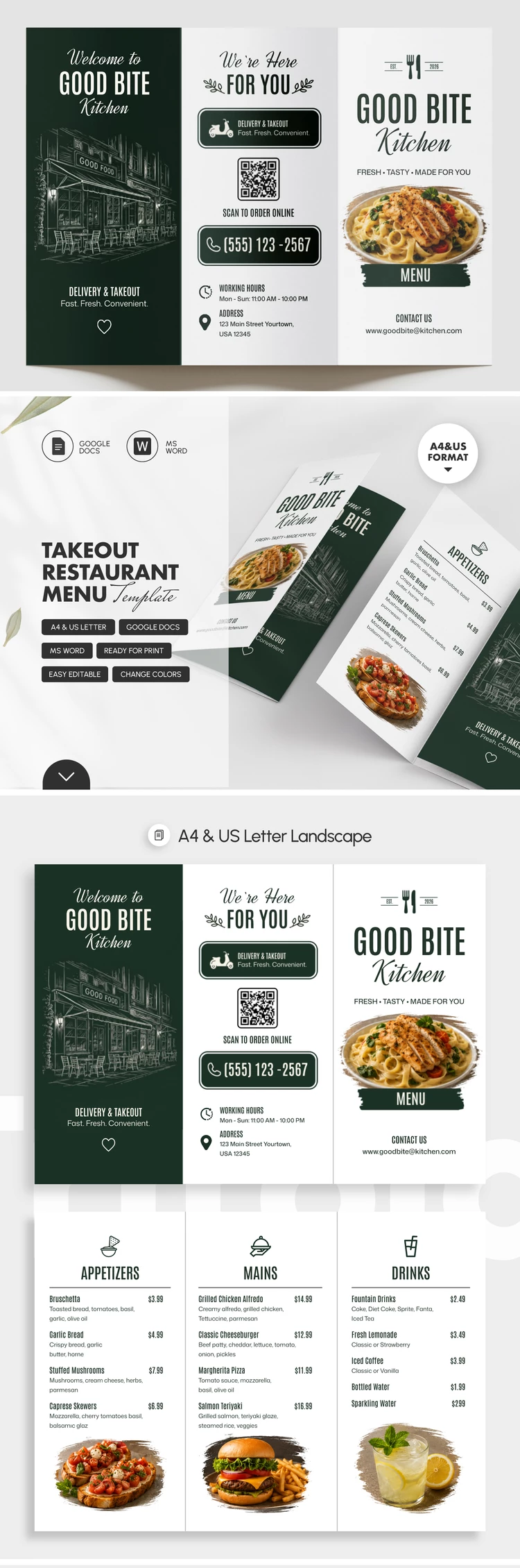 Preview of Takeout Restaurant Menu Template for Google Docs and Microsoft Word