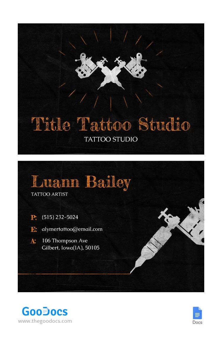 Tarjeta de presentación del tatuador - free Google Docs Template - 10063773