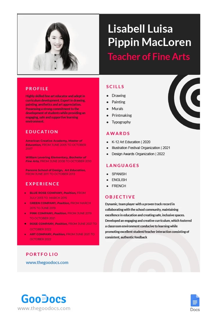 CV di insegnante di Belle Arti - free Google Docs Template - 10064003