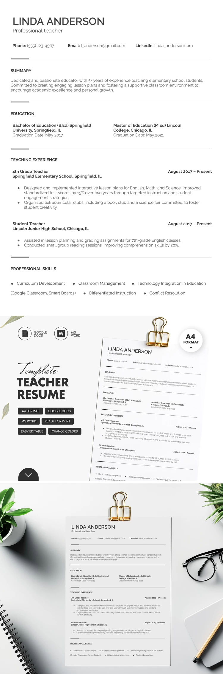 Elegant Teacher Resume - free Google Docs Template - 10069607