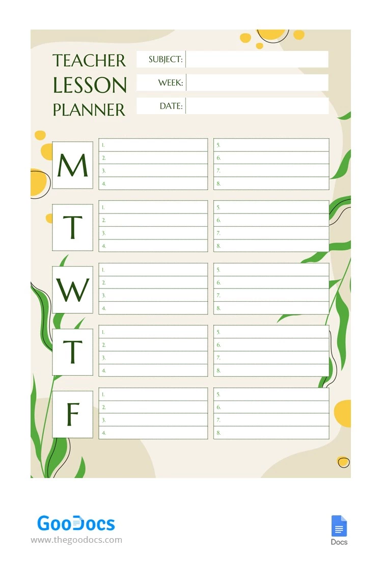 Teacher Weekly Lesson Planner - free Google Docs Template - 10064338