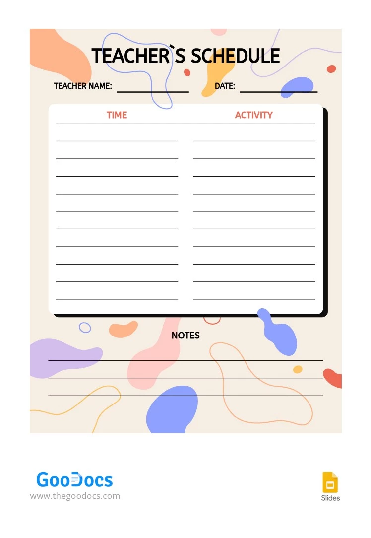 Horaire de l'enseignant avec Blobs - free Google Docs Template - 10064841