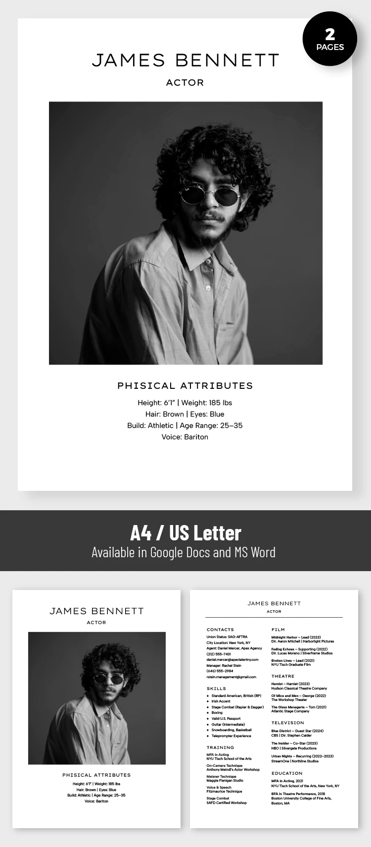 Preview of Television Actor Resume Template for Google Docs and Microsoft Word