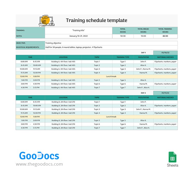 training schedule template excel
