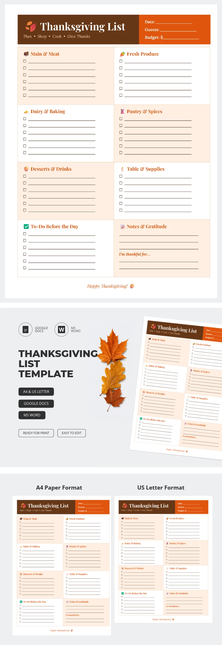 Preview of Thanksgiving List for Google Docs and Microsoft Word