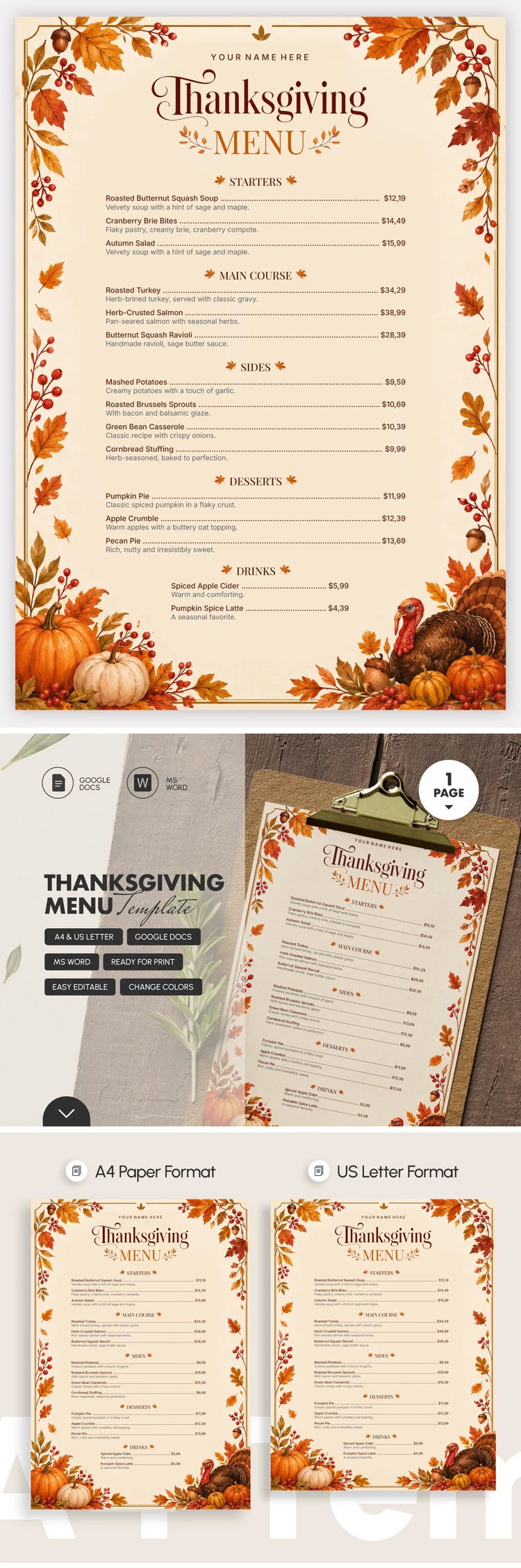 Preview of Thanksgiving Menu Template for Google Docs and Microsoft Word