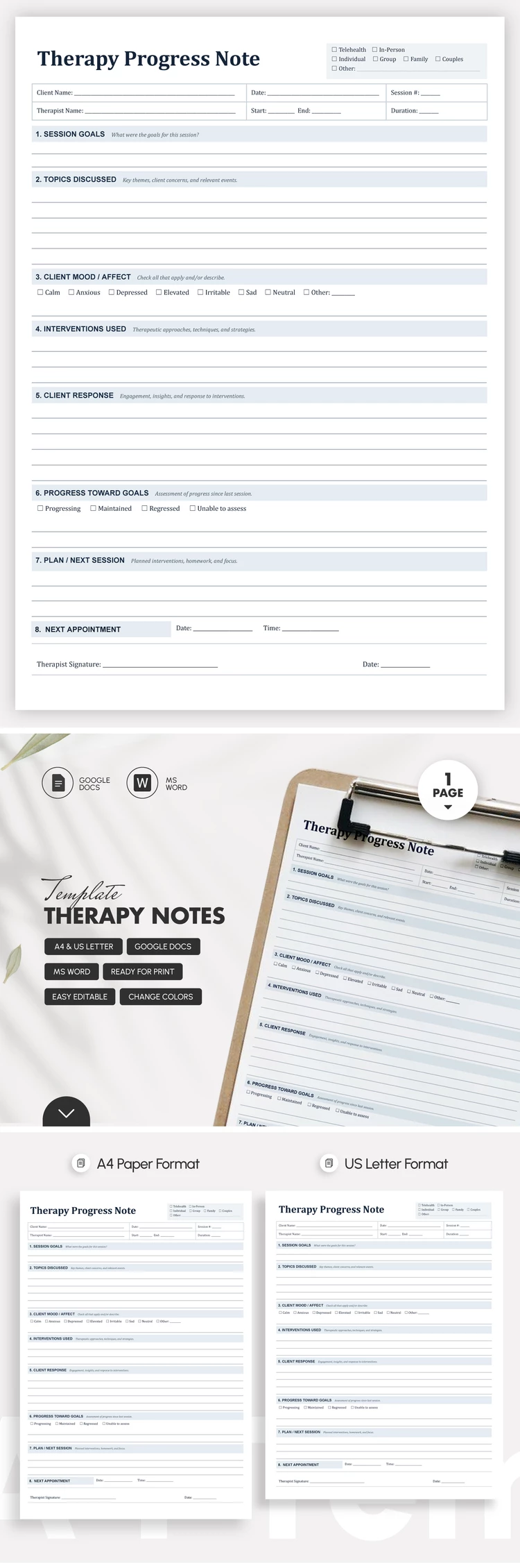 Preview of Therapy Notes Template for Google Docs and Microsoft Word