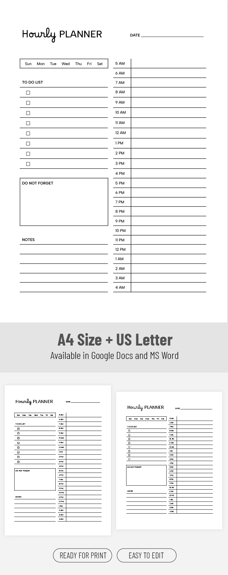 Preview of Time Management Hourly Planner Template for Google Docs and Microsoft Word