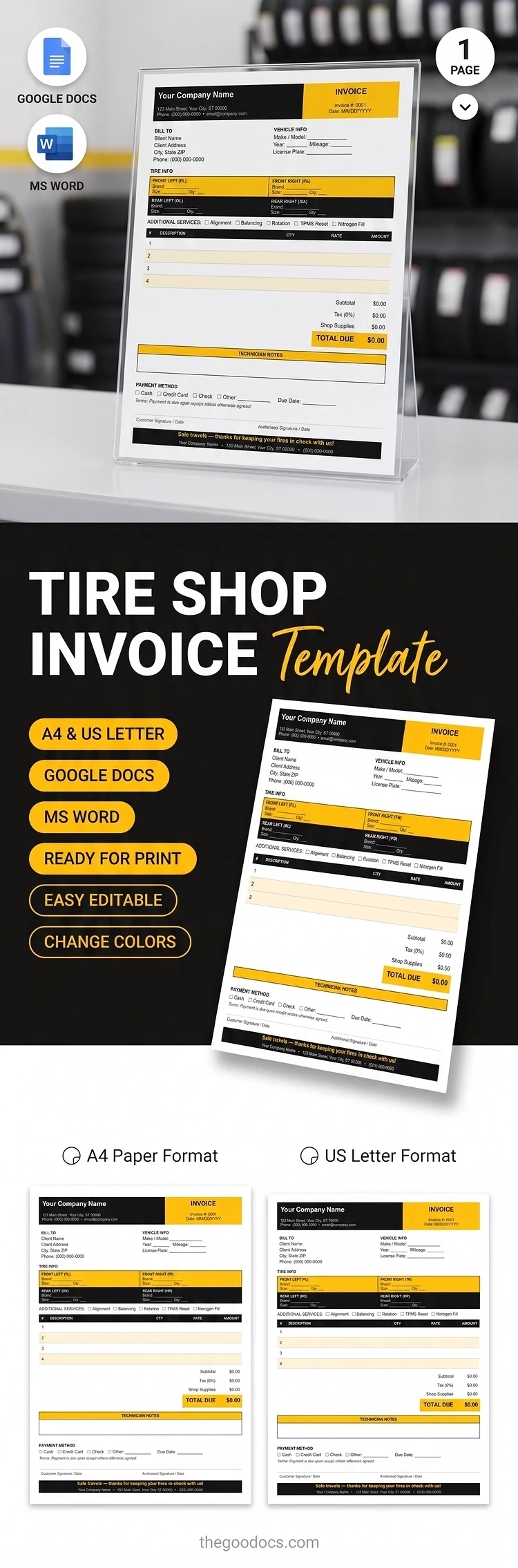 Preview of Tire Shop Invoice Template for Google Docs and Microsoft Word