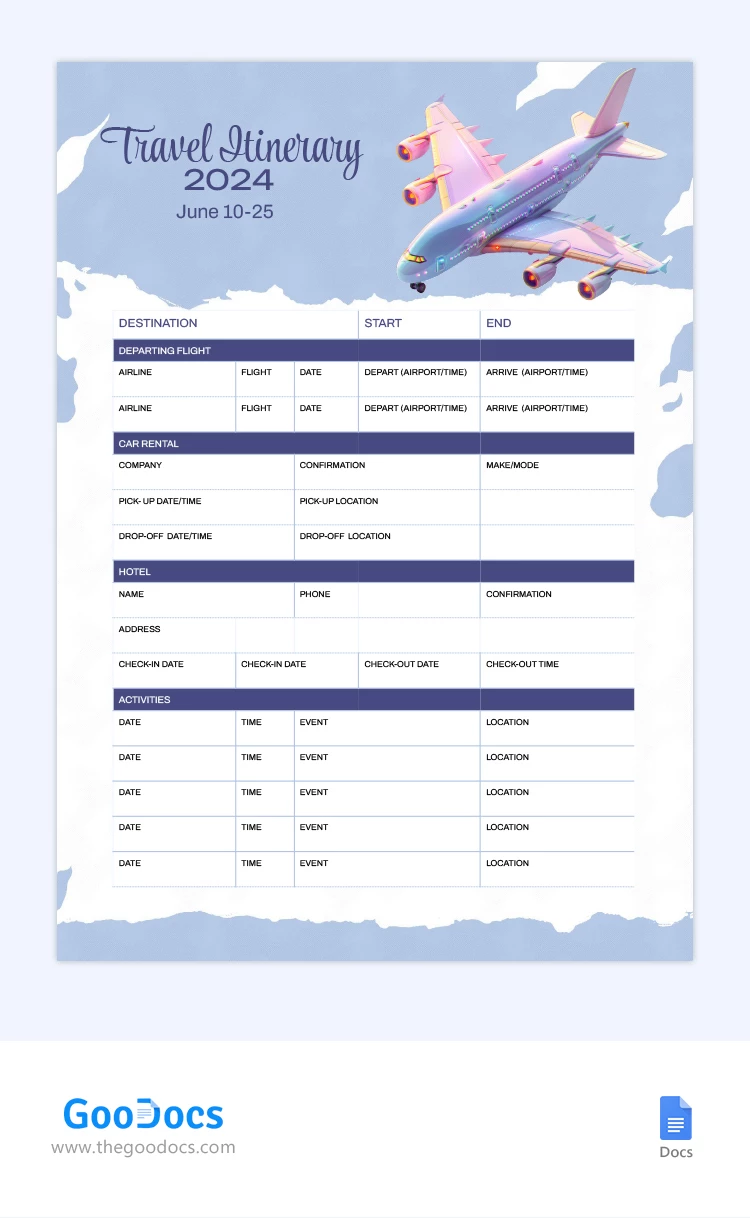 Itinerário de Viagem - free Google Docs Template - 10068308