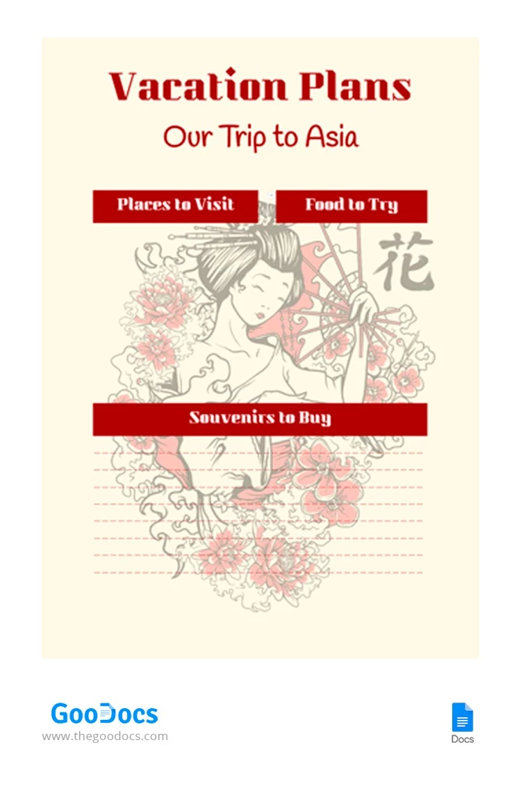 Viaje a Asia Itinerario - free Google Docs Template - 10063422