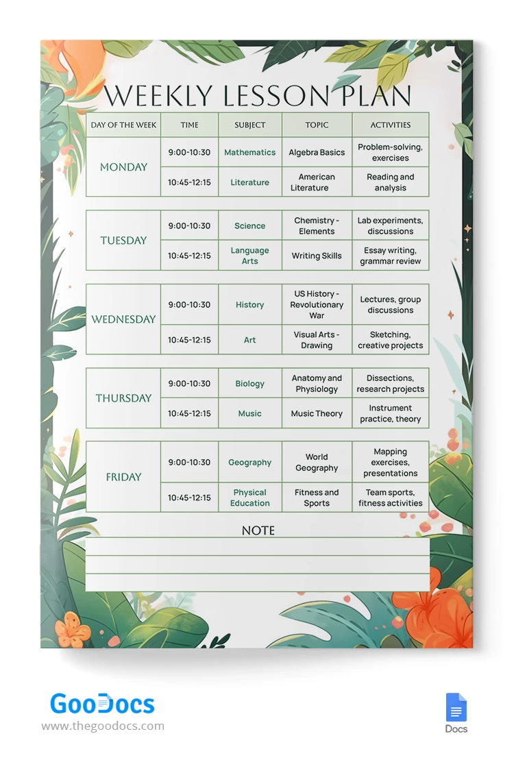 Piano settimanale delle lezioni tropicali - free Google Docs Template - 10067827