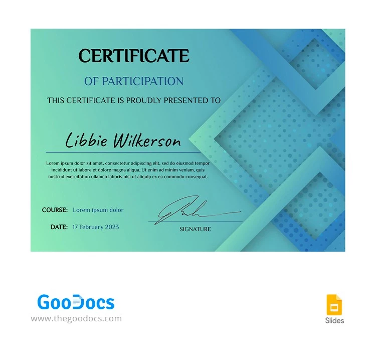 Turquoise Certificate of Participation - free Google Docs Template - 10065710