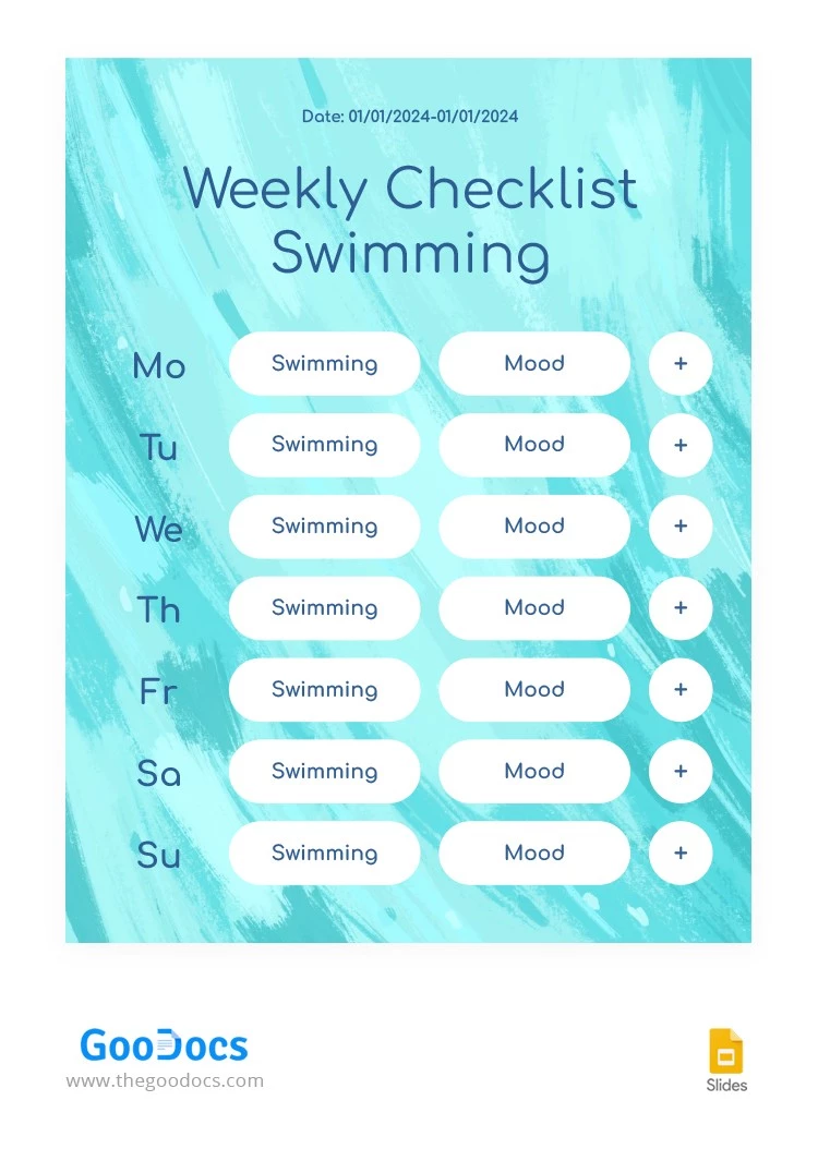 Lista de verificación semanal de natación en color turquesa. - free Google Docs Template - 10065793