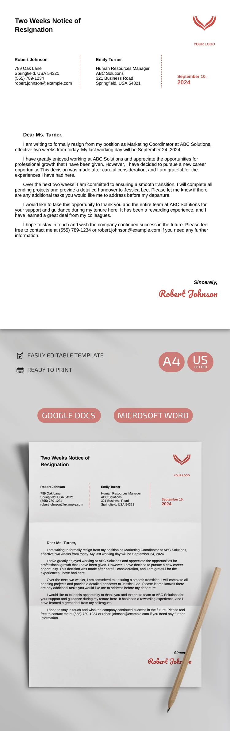 Lettera di dimissioni formale di due settimane - free Google Docs Template - 10069257