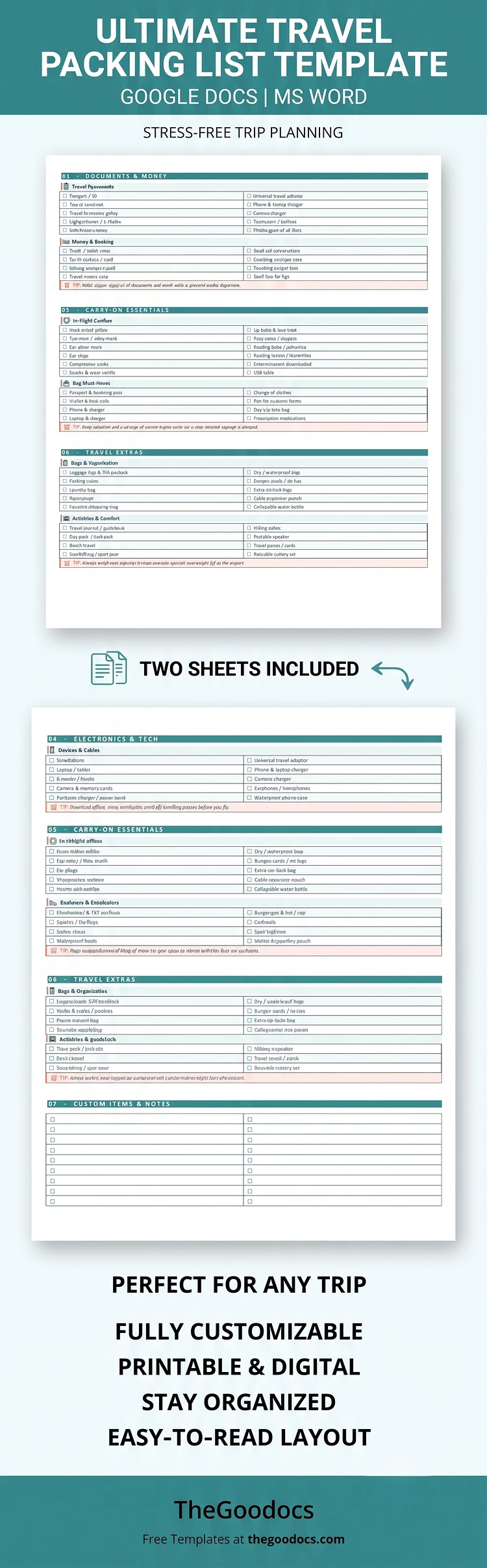Preview of Ultimate Travel Packing List for Google Docs and Microsoft Word