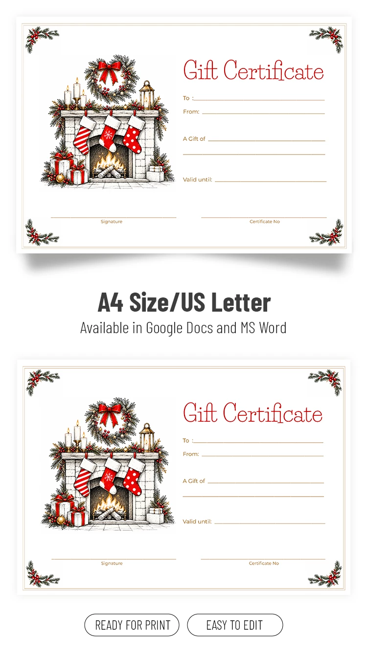 Preview of Universal Christmas Gift Certificate Template for Google Docs and Microsoft Word