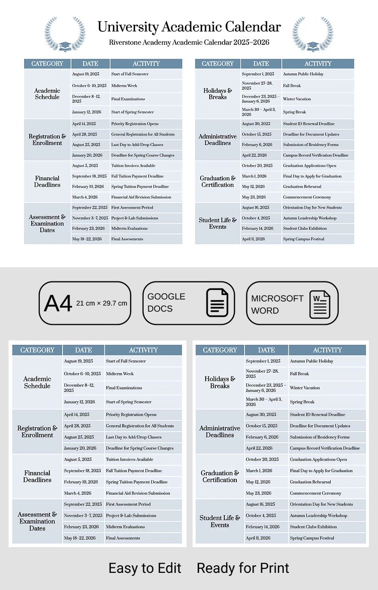 University Academic Calendar Template 2025–2026 - free Google Docs Template - 10072318