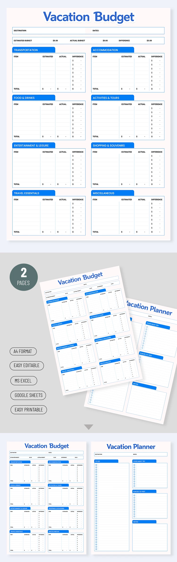Preview of Vacation Budget Planner Template for Google Sheets and Microsoft Excel