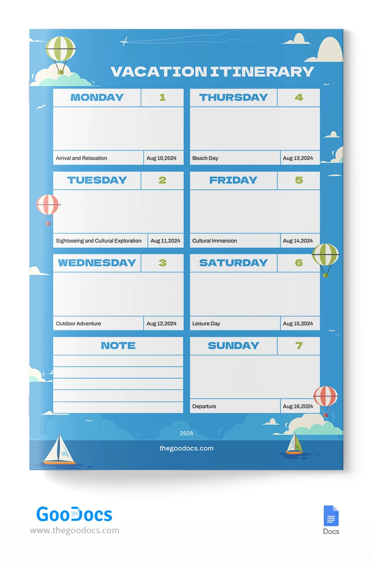 Itinerario de vacaciones - free Google Docs Template - 10068358