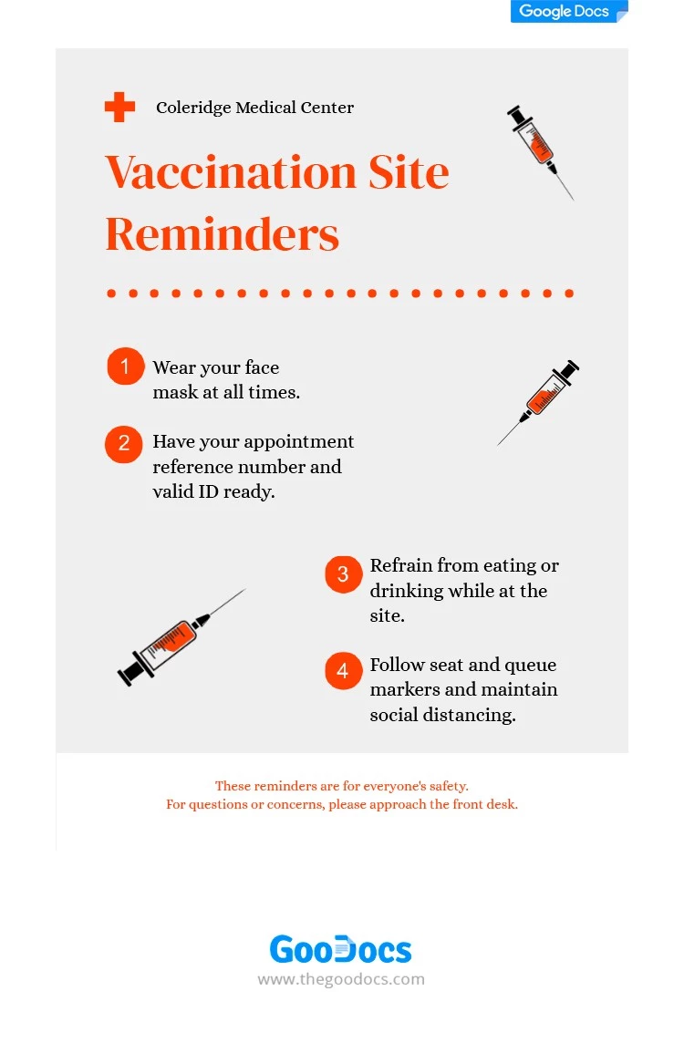Affiche de rappels pour les sites de vaccination. - free Google Docs Template - 10062106