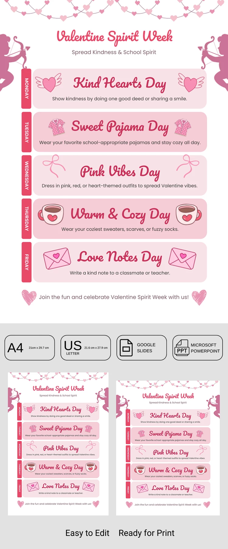 Valentine School Spirit Week Itinerary Template - free Google Docs Template - 10072489